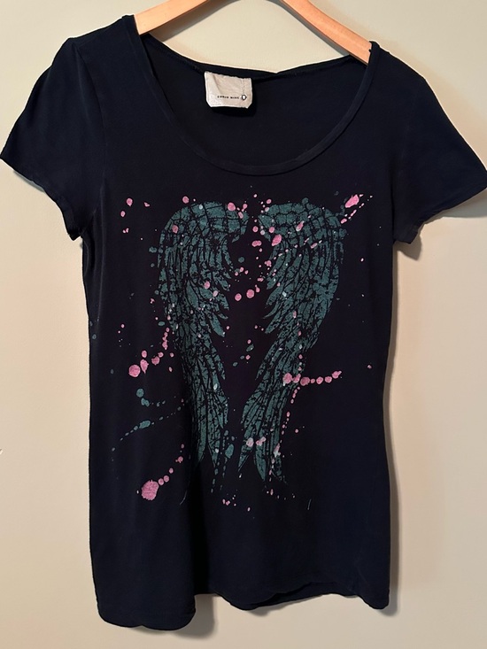 Anthropologie Tops - Anthropologie Black Graphic Tee with Teal Wings and Pink Splatter